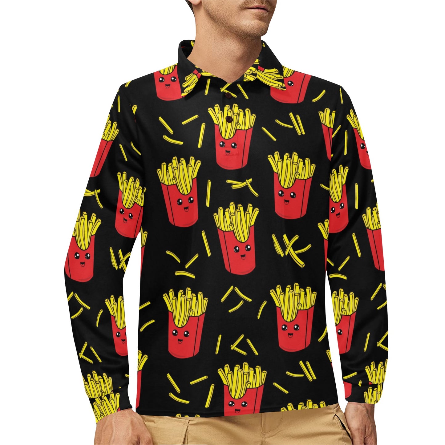 French Fried Pattern Print Design 03 Long Sleeve Polo Shirt For Men's