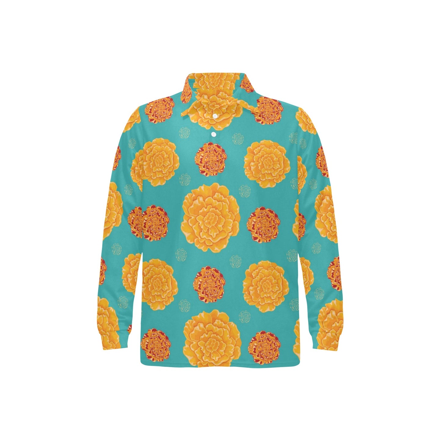Marigold Pattern Print Design 02 Long Sleeve Polo Shirt For Men's