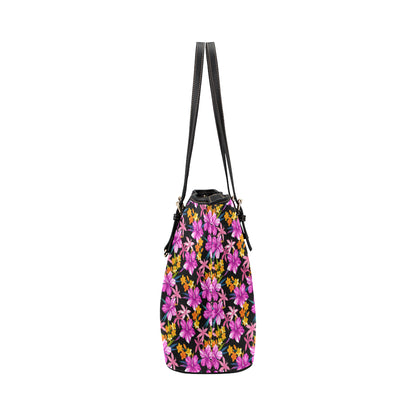 Tropical Folower Pink Hibiscus Print Leather Tote Bag