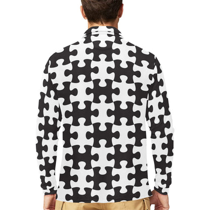 Puzzle Black White Pattern Print Design A02 Long Sleeve Polo Shirt For Men's