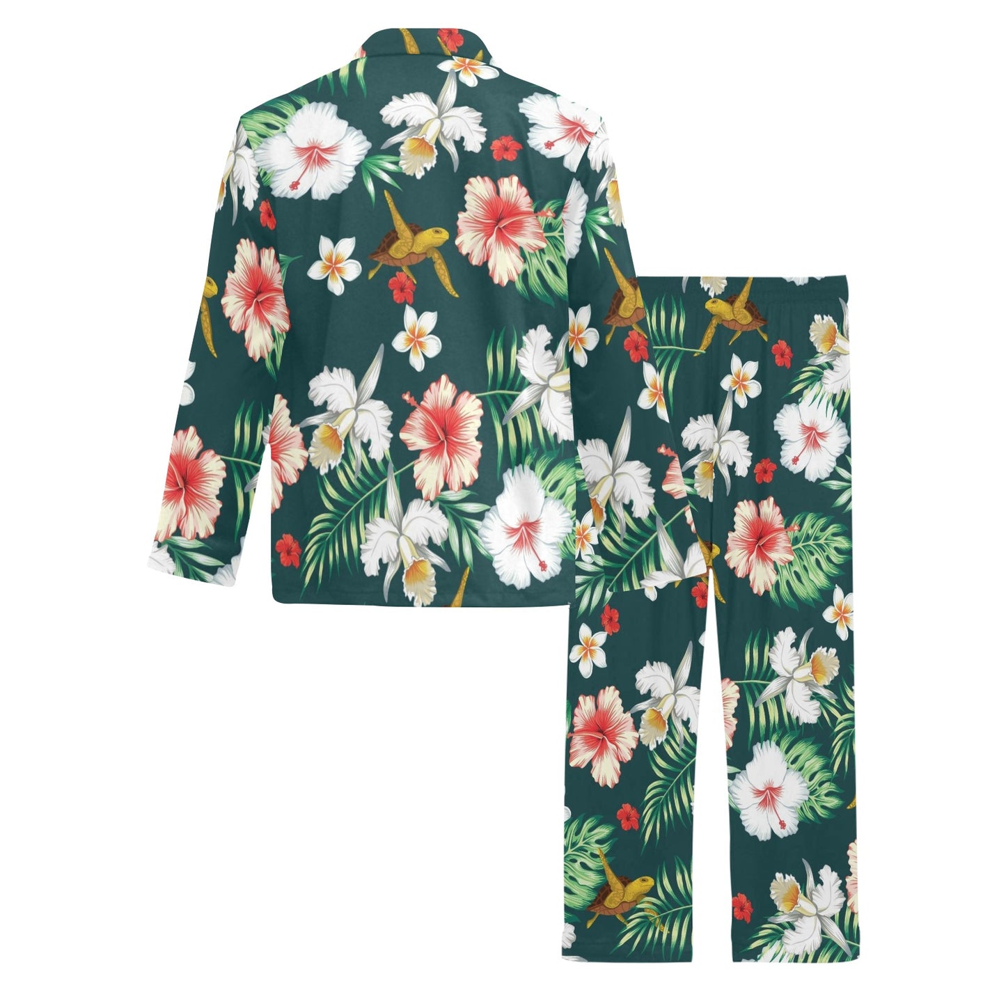 Hawaiian Flower Design with SeaTurtle Print Men's Long Pajama Set
