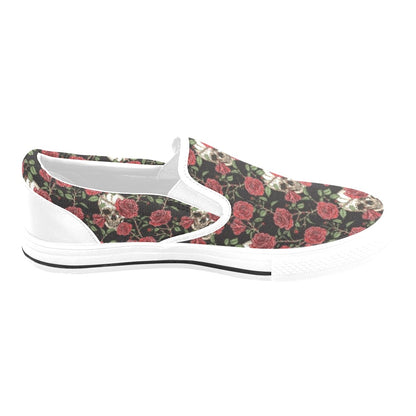 Skull And Roses Print Design LKS303 White Slip Ons Canvas Women's Shoes