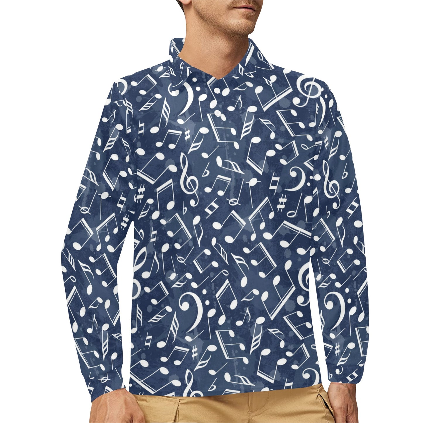 Music note Pattern Print Design A02 Long Sleeve Polo Shirt For Men's