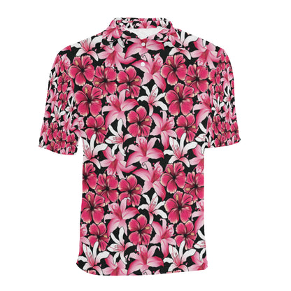 Flower Hawaiian Pink Red  Hibiscus Print Men Polo Shirt
