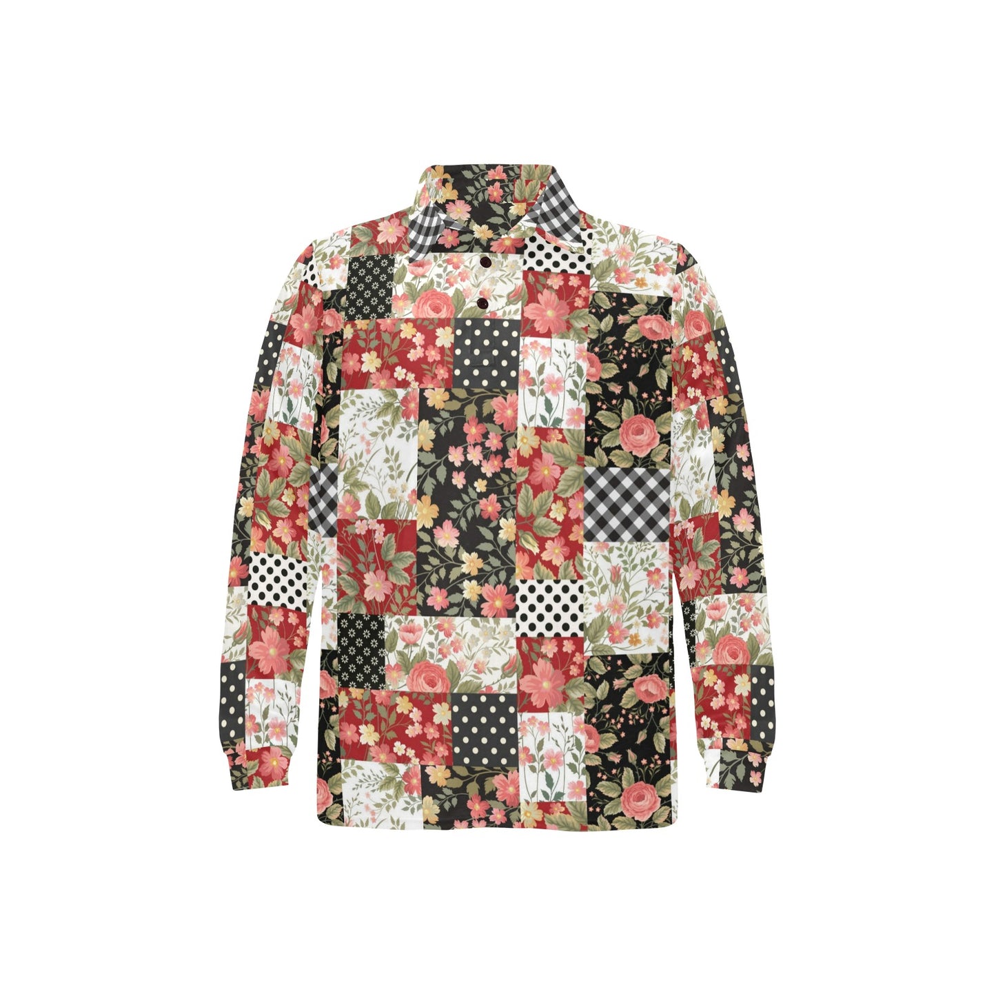 Patchwork Flower Pattern Print Design 03 Long Sleeve Polo Shirt For Men's