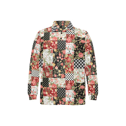Patchwork Flower Pattern Print Design 03 Long Sleeve Polo Shirt For Men's