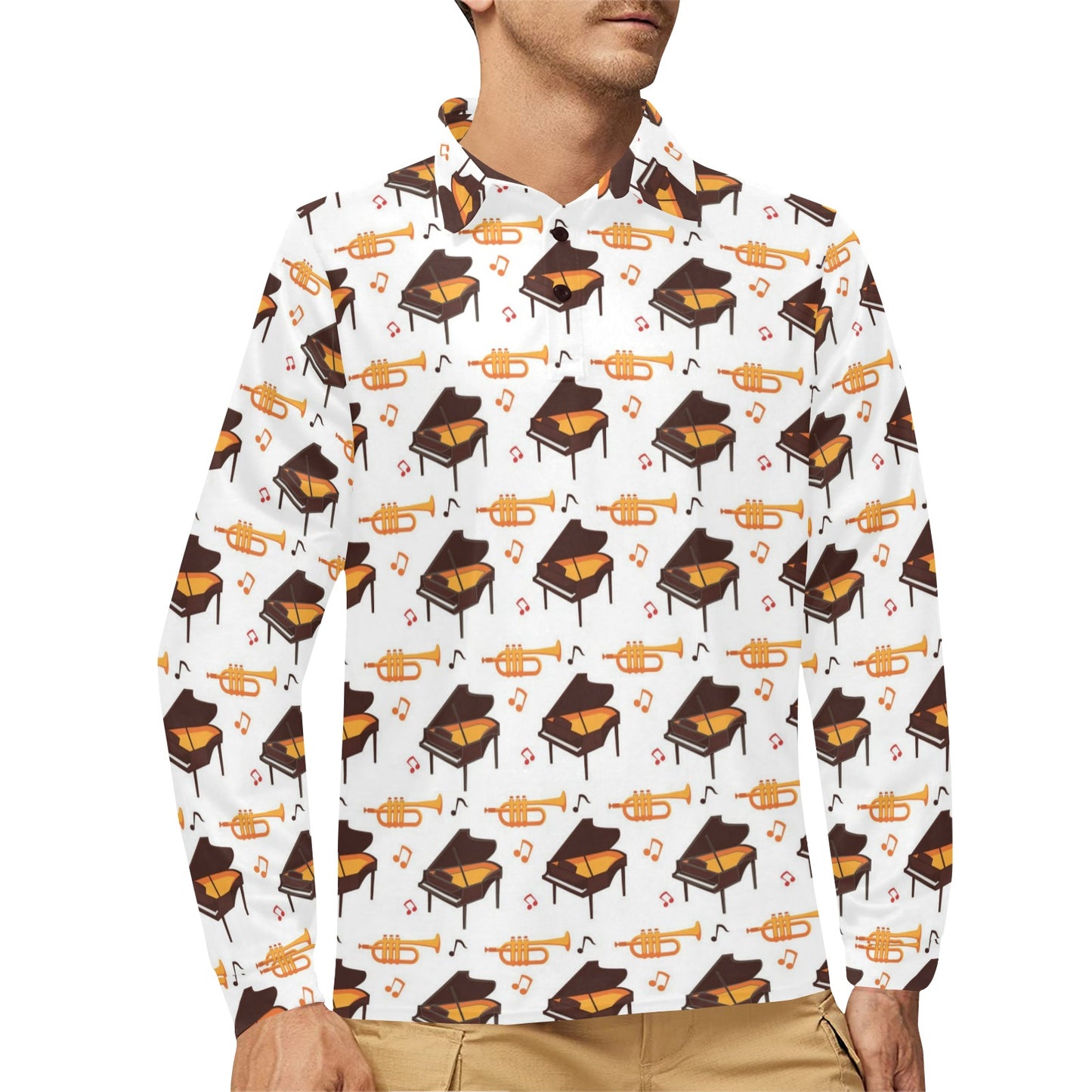 Piano Print Design LKS406 Long Sleeve Polo Shirt For Men's