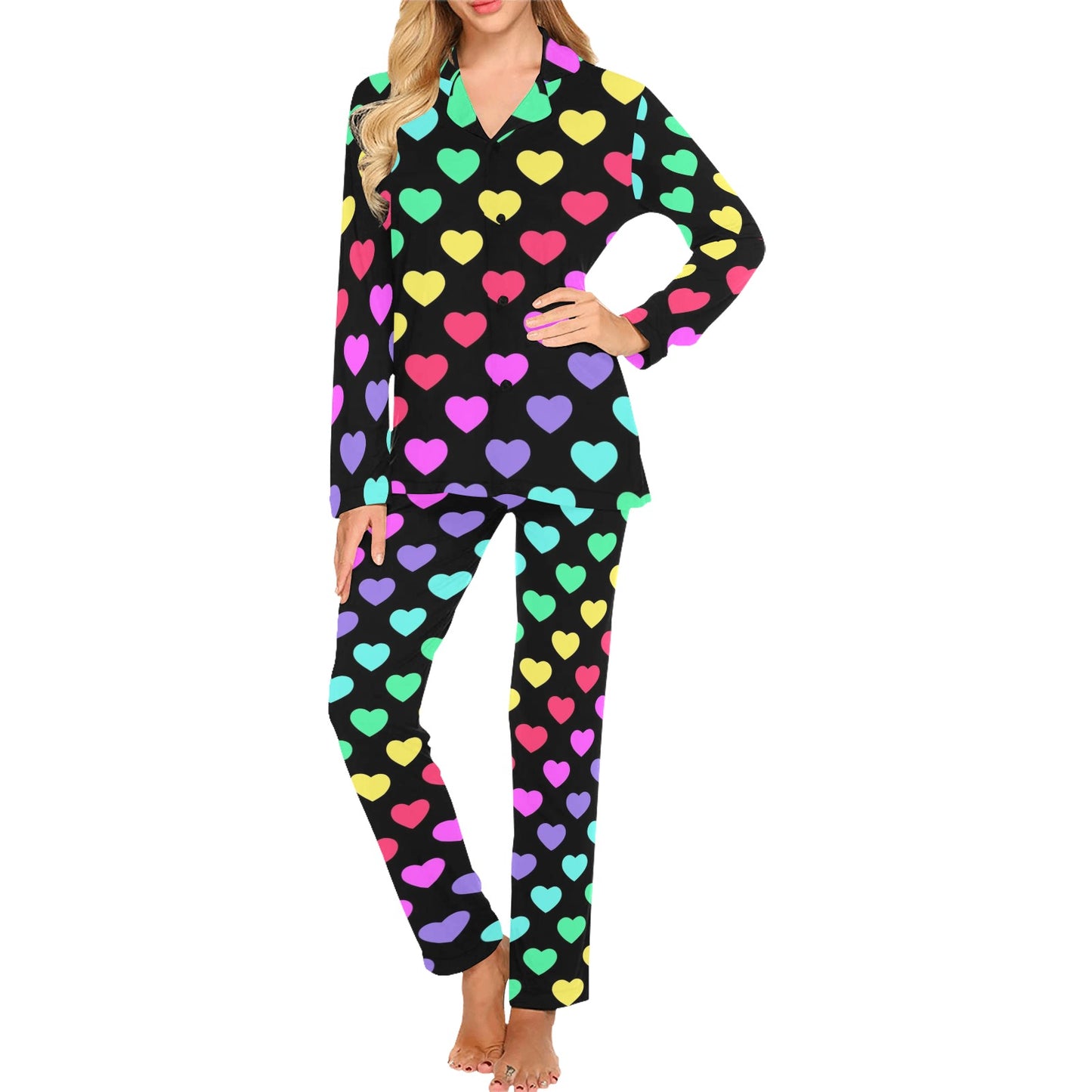 Heart Rainbow Pattern Print Design HE02 Women's Long Pajama Set