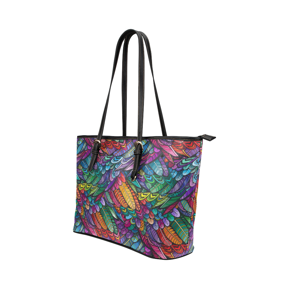 Feather Multicolor Design Print Leather Tote Bag