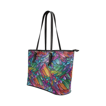 Feather Multicolor Design Print Leather Tote Bag
