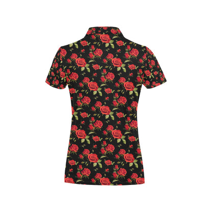 Red Rose Themed Print Women's Polo Shirt