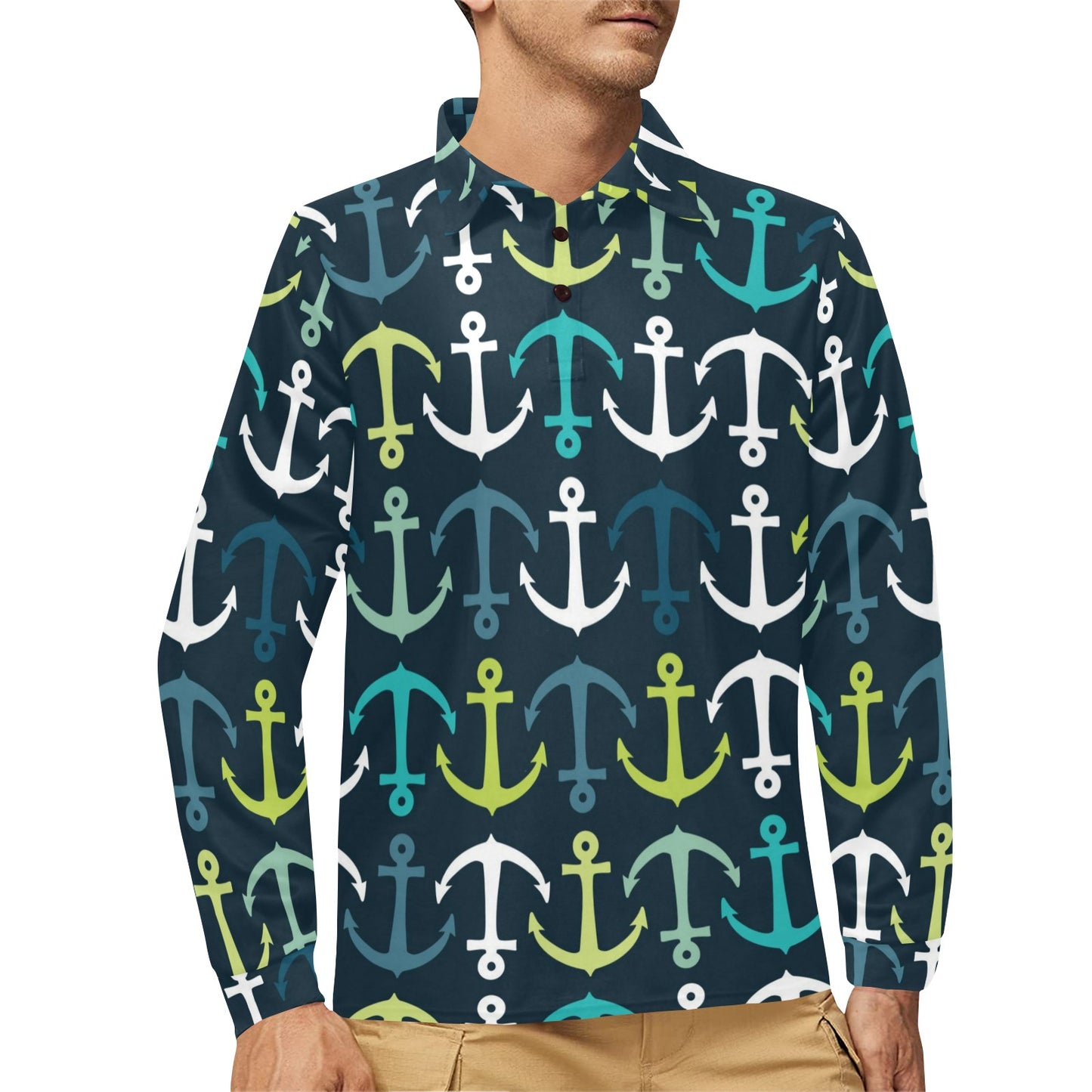 Anchor Pattern Print Design 03 Long Sleeve Polo Shirt For Men's