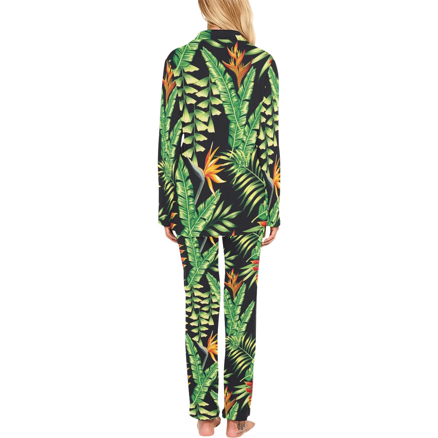 Hawaiian Flower Tropical Palm Leaves Women's Long Pajama Set