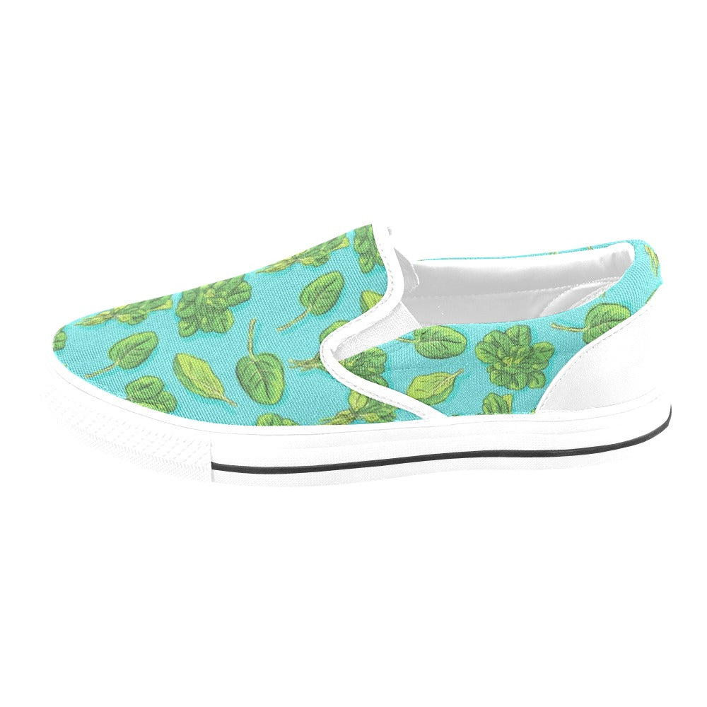 Spinach Print Design LKS301 White Slip Ons Canvas Women's Shoes