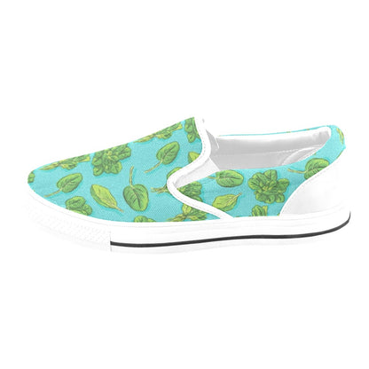 Spinach Print Design LKS301 White Slip Ons Canvas Women's Shoes