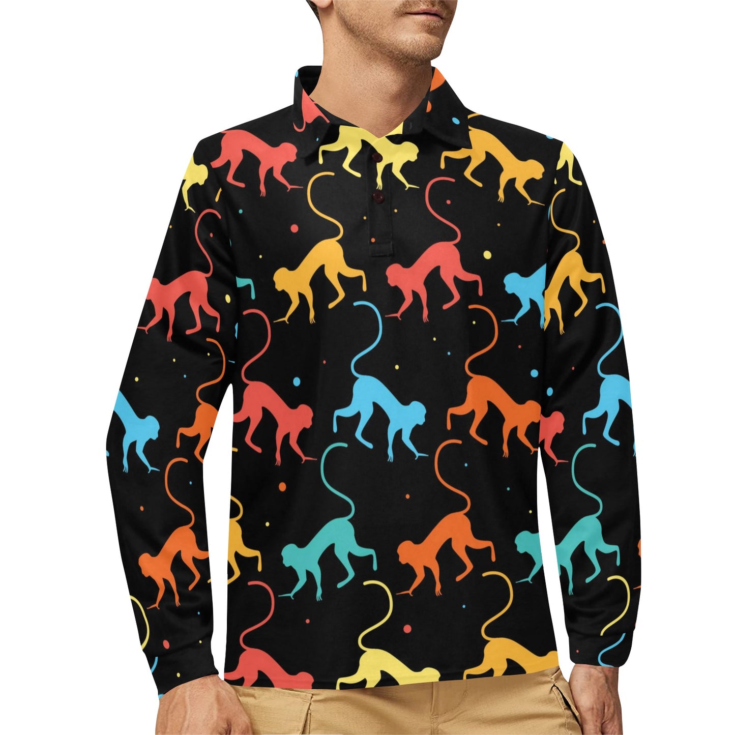 Monkey Pattern Print Design 01 Long Sleeve Polo Shirt For Men's