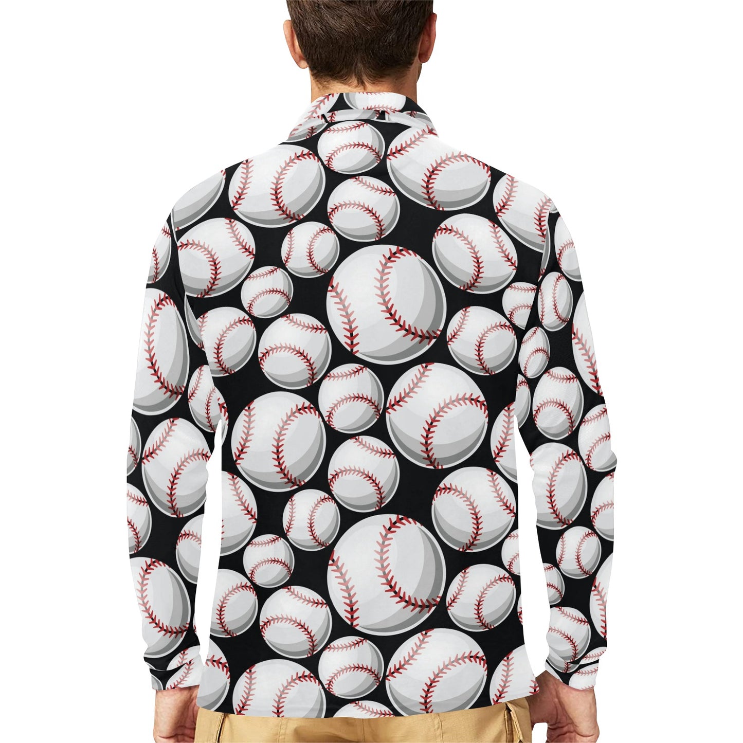Baseball Black Background Long Sleeve Polo Shirt For Men's
