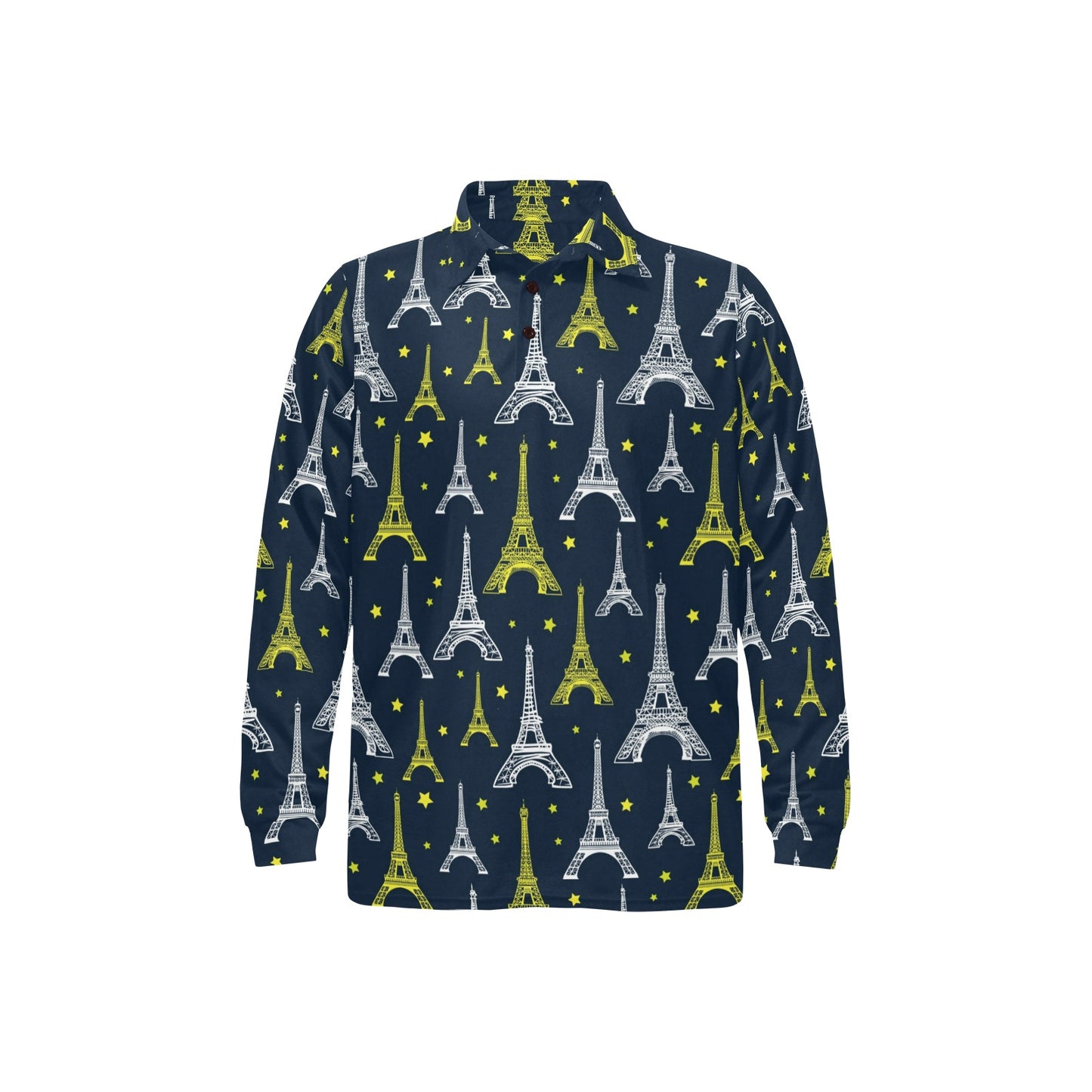 Eiffel Tower Star Print Long Sleeve Polo Shirt For Men's