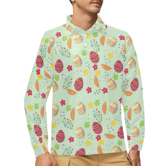 Easter Eggs Pattern Print Design RB07 Long Sleeve Polo Shirt For Men's