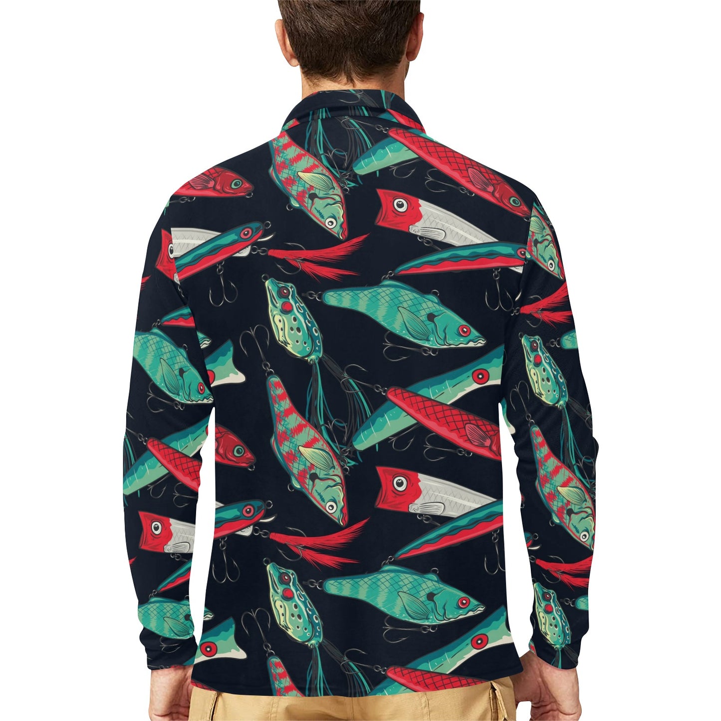 Fishing Bait Pattern Long Sleeve Polo Shirt For Men's