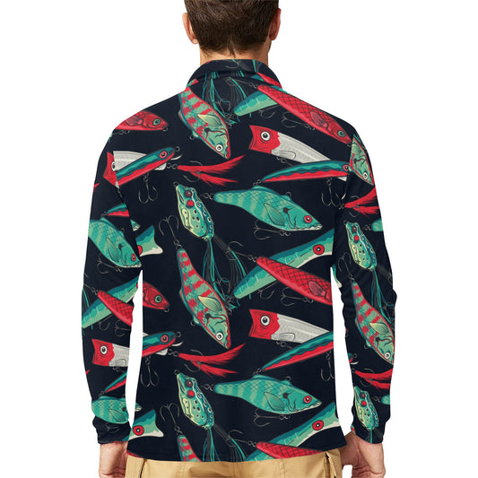 Fishing Bait Pattern Long Sleeve Polo Shirt For Men's