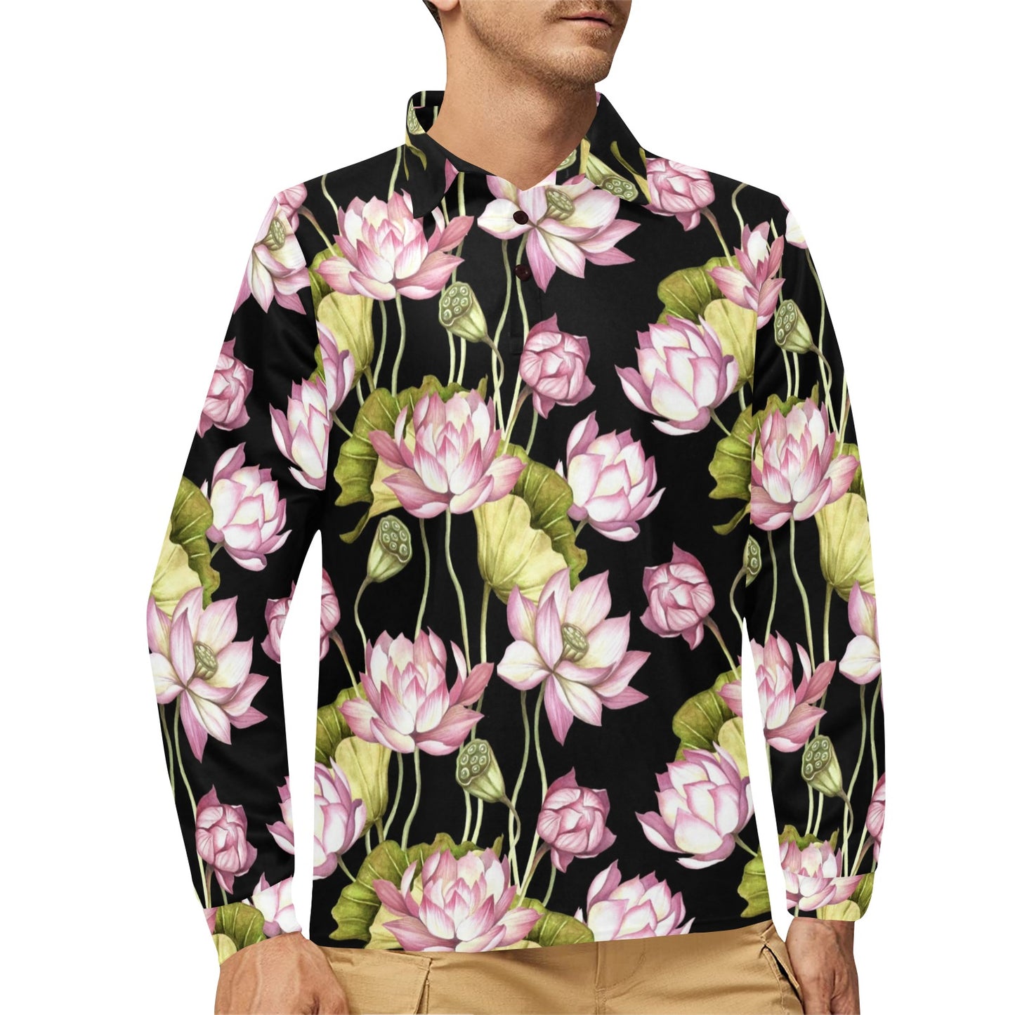 Water Lily Pattern Print Design WL06 Long Sleeve Polo Shirt For Men's