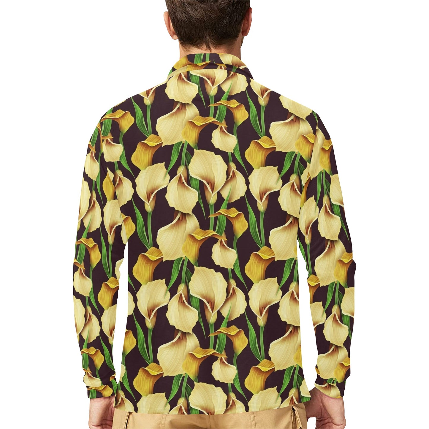 Lily Pattern Print Design LY013 Long Sleeve Polo Shirt For Men's