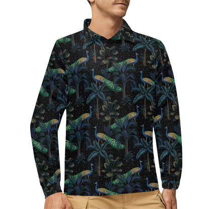 Rainforest Peacock Pattern Print Design A04 Long Sleeve Polo Shirt For Men's