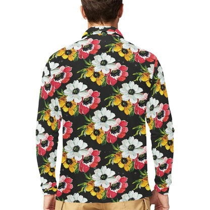 Anemone Pattern Print Design AM07 Long Sleeve Polo Shirt For Men's