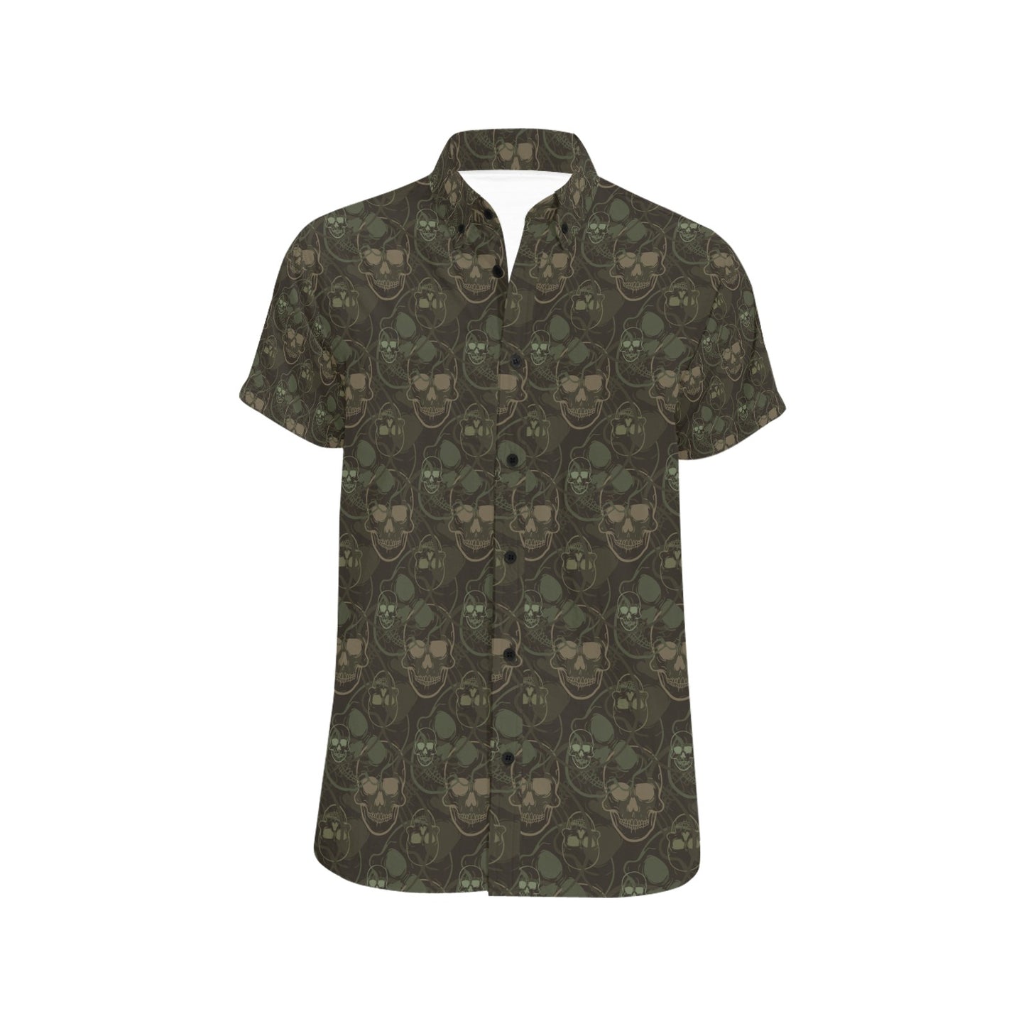Skull Camo Style Print Design LKS308 Men Short Sleeve Button Up Shirt