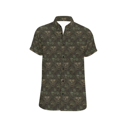 Skull Camo Style Print Design LKS308 Men Short Sleeve Button Up Shirt