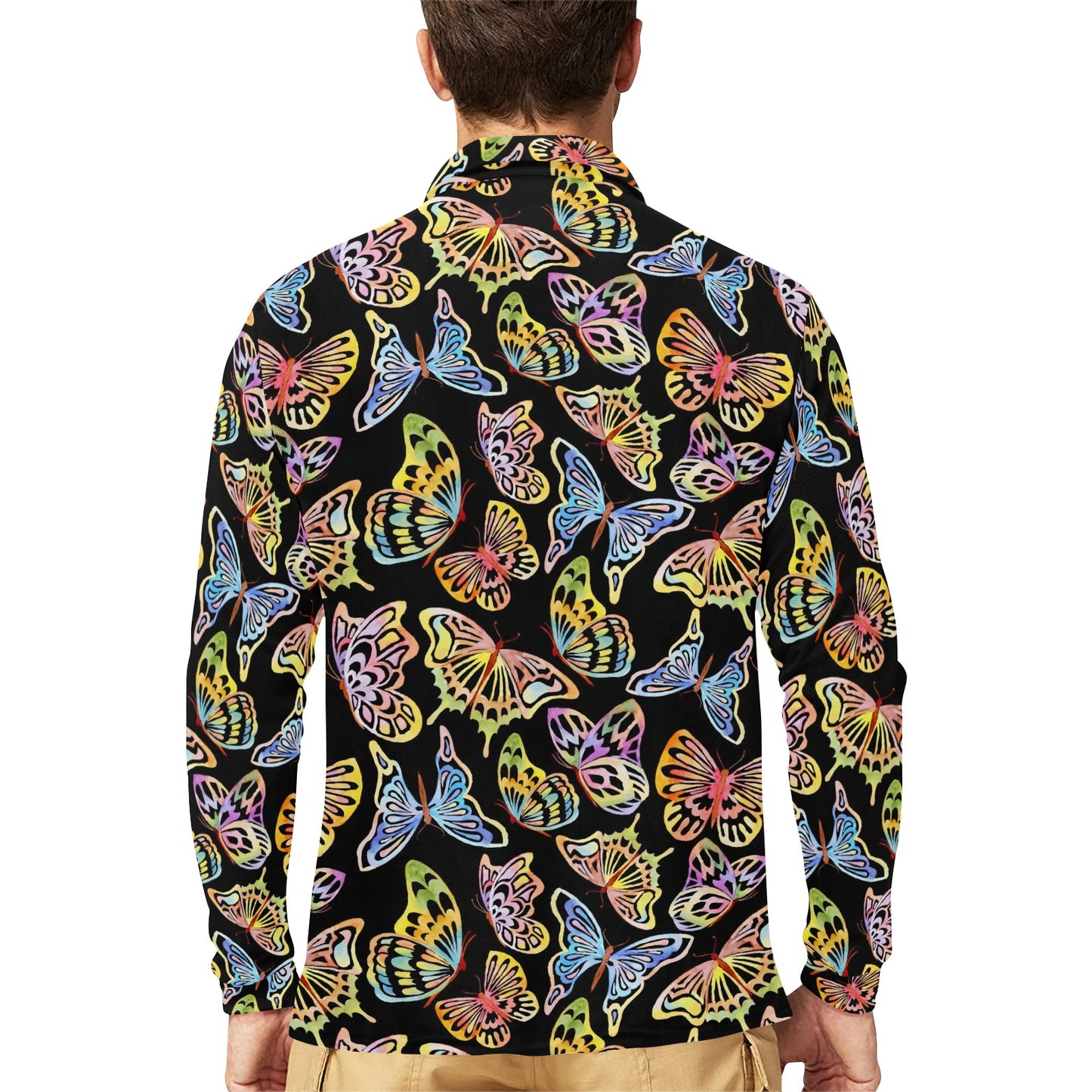 Butterfly Water Color Rainbow Long Sleeve Polo Shirt For Men's