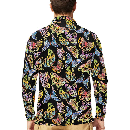 Butterfly Water Color Rainbow Long Sleeve Polo Shirt For Men's