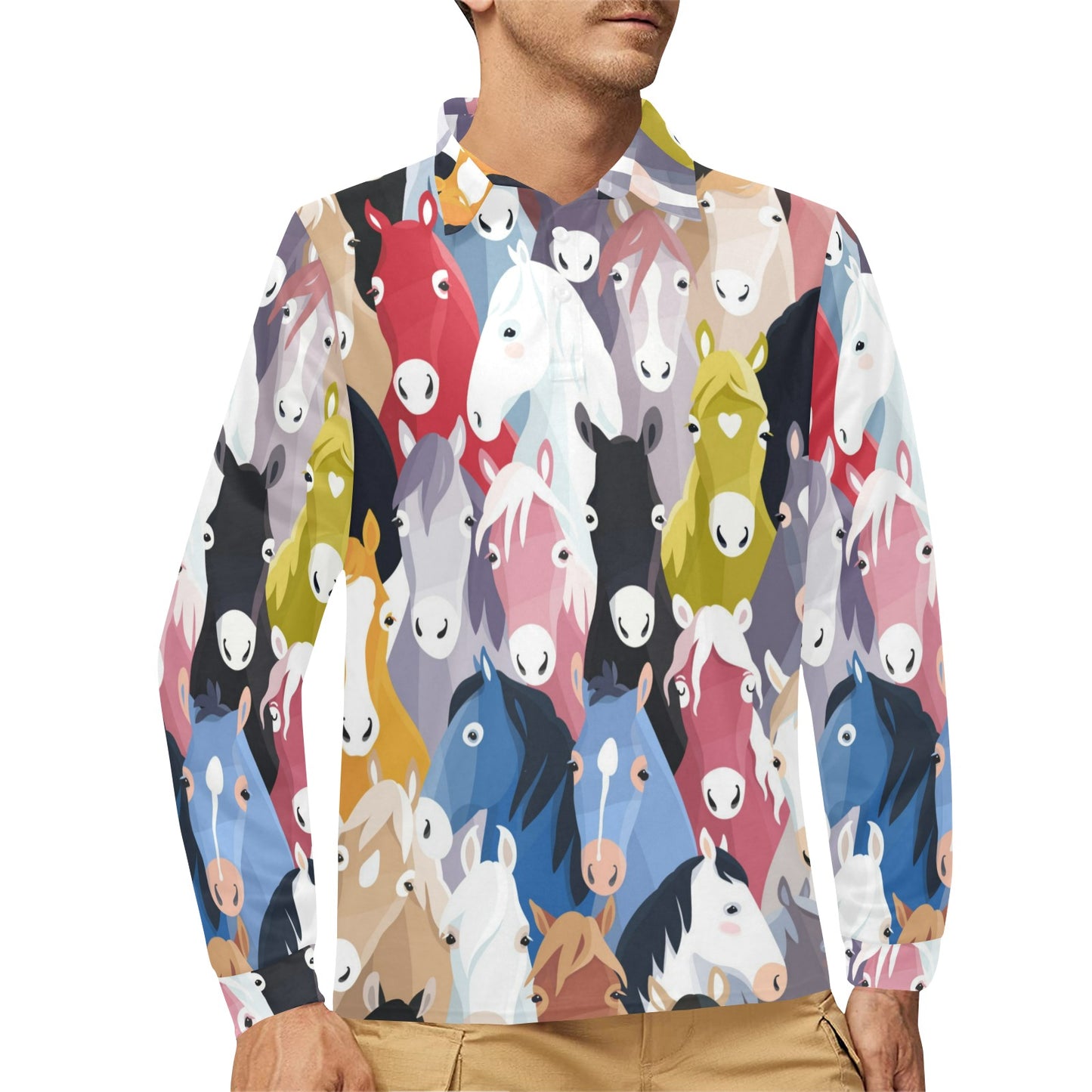 Colorful Horse Pattern Long Sleeve Polo Shirt For Men's