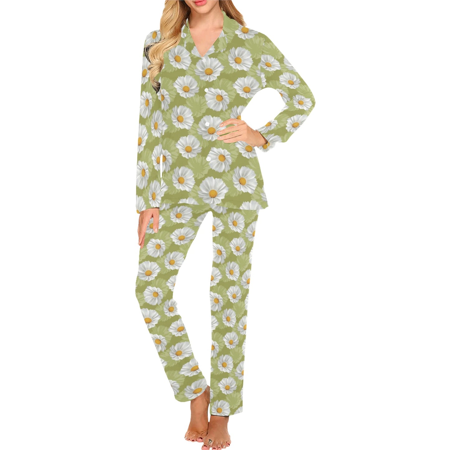 Daisy Pattern Print Design DS06 Women's Long Pajama Set