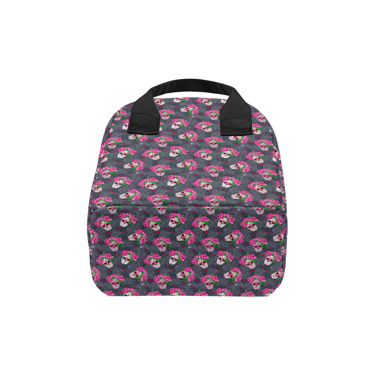 Sugar Skull Pink Rose Themed Print Insulated Lunch Bag