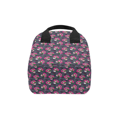 Sugar Skull Pink Rose Themed Print Insulated Lunch Bag