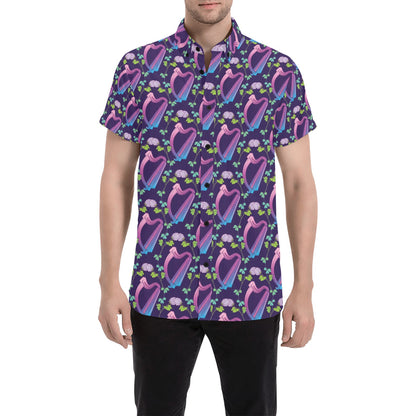 Harp Print Design LKS403 Men Short Sleeve Button Up Shirt