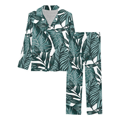 Tropical Palm Leaves Pattern Women's Long Pajama Set