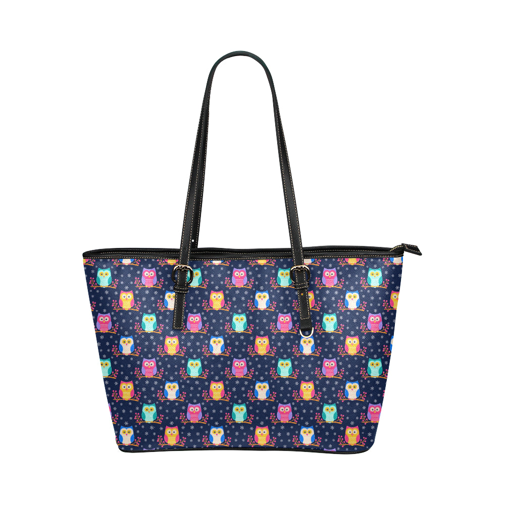 Owl Cute Themed Design Print Leather Tote Bag