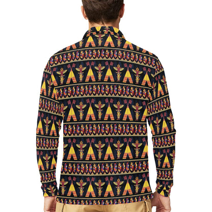 Totem Pole Design Long Sleeve Polo Shirt For Men's
