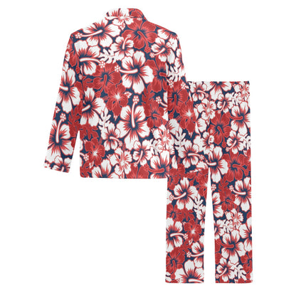 Red Hibiscus Pattern Print Design HB01 Men's Long Pajama Set