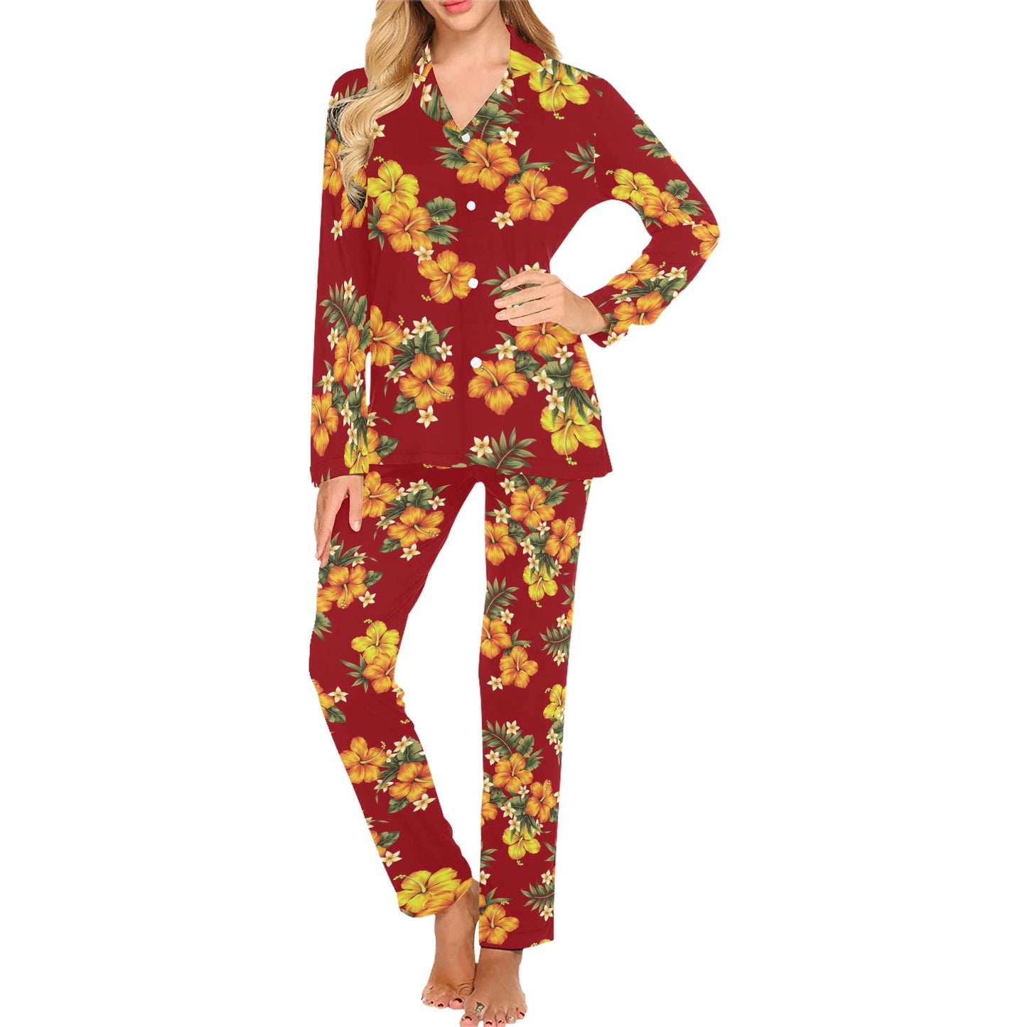 Orange Hibiscus Pattern Print Design HB026 Women's Long Pajama Set