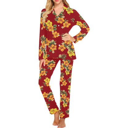 Orange Hibiscus Pattern Print Design HB026 Women's Long Pajama Set