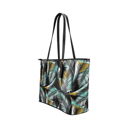 Gold Glitter Cyan Tropical Palm Leaves Leather Tote Bag