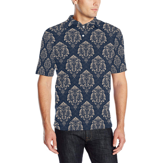 Damask Blue Luxury Print Pattern Men Polo Shirt