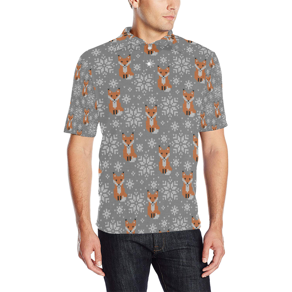 Knit Red Fox Pattern Print Design 02 Men Polo Shirt