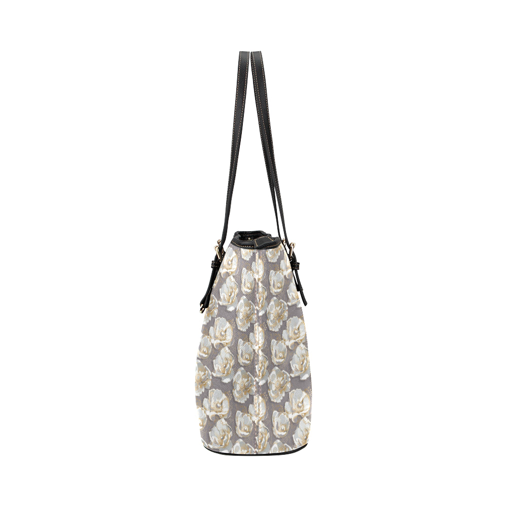 Elegant Grey Flower Print Leather Tote Bag