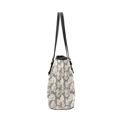 Elegant Grey Flower Print Leather Tote Bag