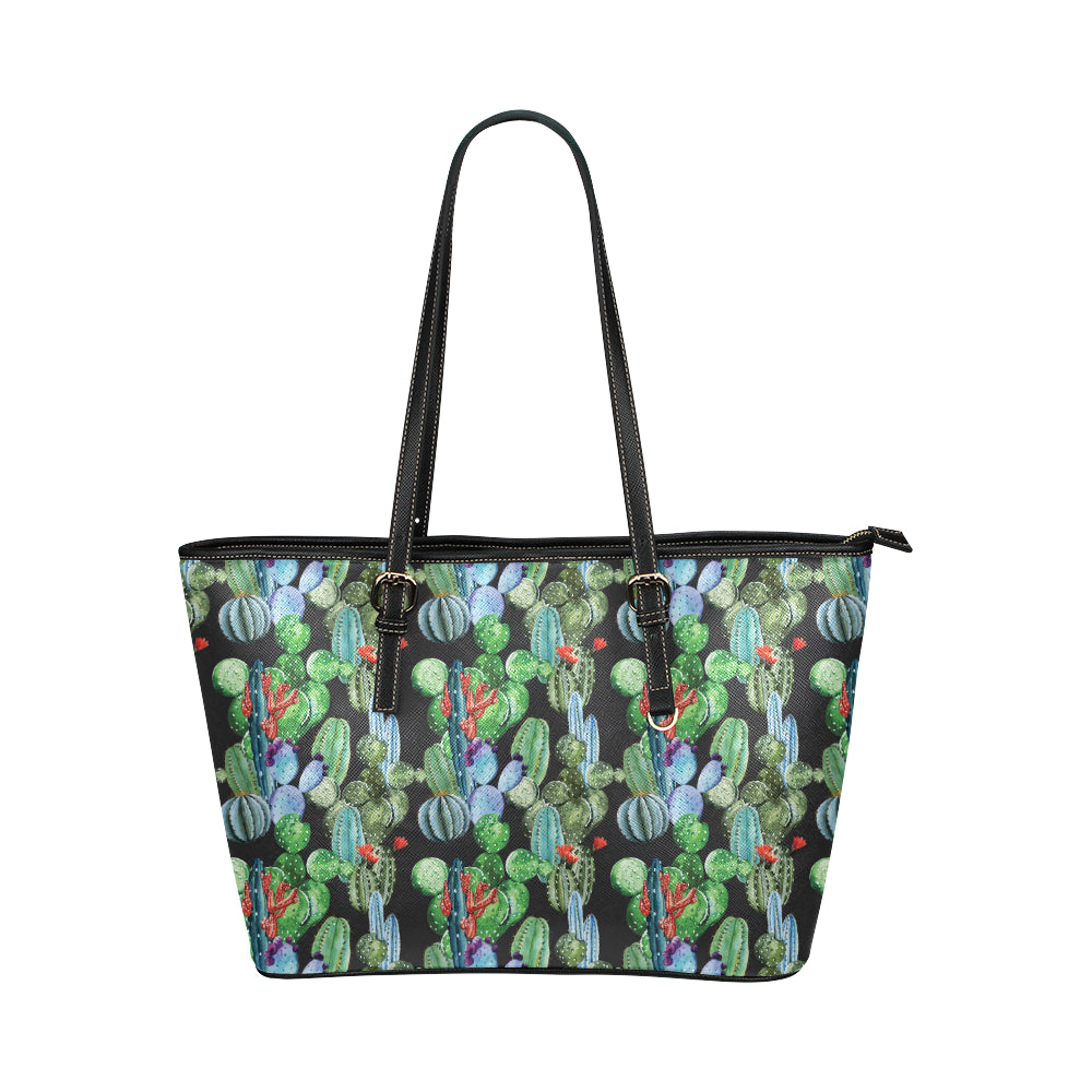 Cactus Watercolor Style Print Leather Tote Bag